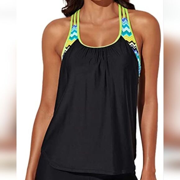 Amazon Aleumdr black Chevron stripe sporty blouson tankini swim top M - Picture 1 of 5